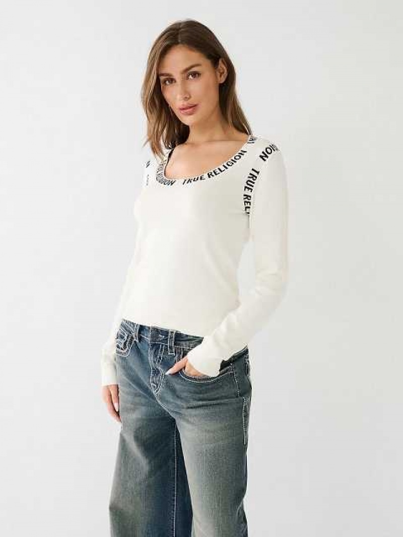 Suéter True Religion Tr Logo Trim Scoop Mujer Blancas | Colombia-ZNKWIPS46