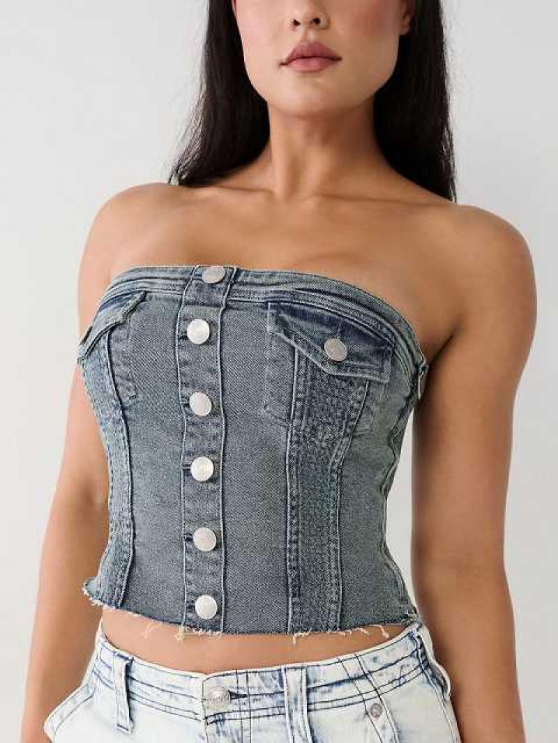 Tops True Religion Denim Tube Mujer Azules | Colombia-VNFXQMG37