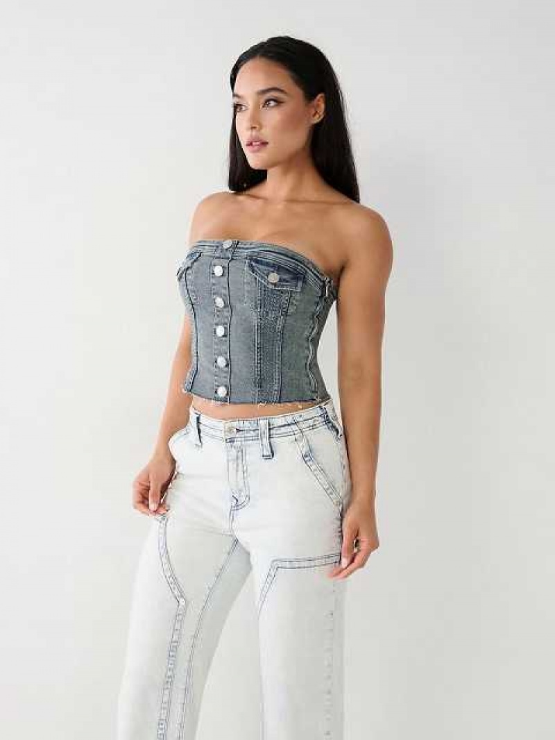 Tops True Religion Denim Tube Mujer Azules | Colombia-VNFXQMG37