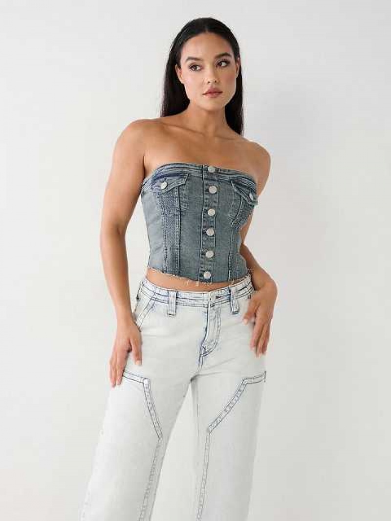 Tops True Religion Denim Tube Mujer Azules | Colombia-VNFXQMG37