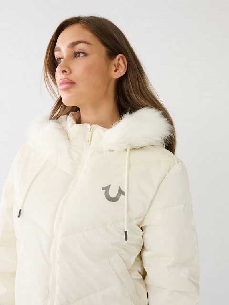 Tops True Religion Faux Fur Encapuchado Puffer Mujer Blancas | Colombia-FLHEMXR75