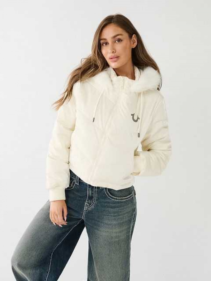 Tops True Religion Faux Fur Encapuchado Puffer Mujer Blancas | Colombia-FLHEMXR75